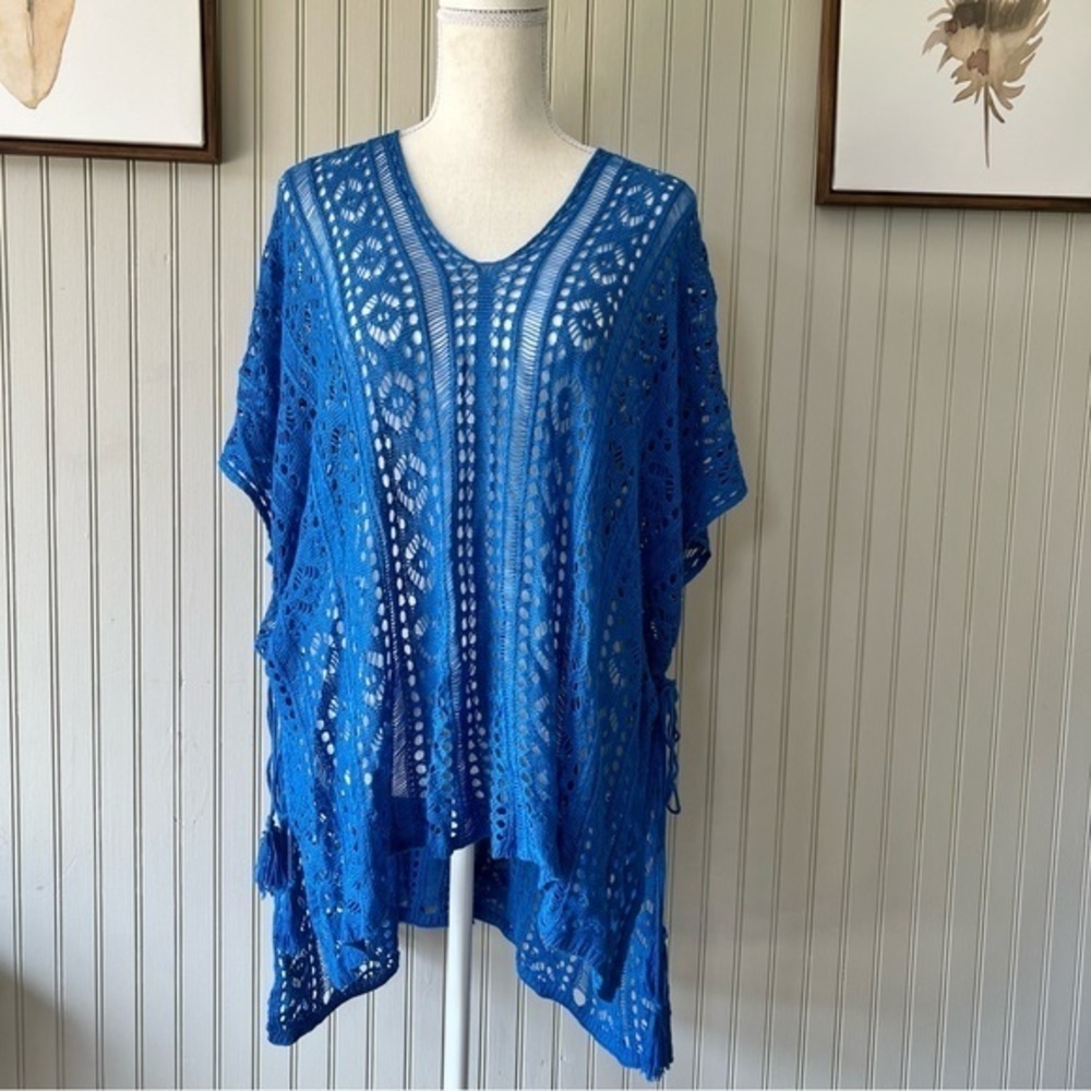 Dorado  Open Knit Crochet Royal Blue Beach Cover Up Tassles Tunic Top